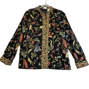Vintage White Stag‎ Tapestry Jacket Medium Floral Baroque Leopard Trim Statement